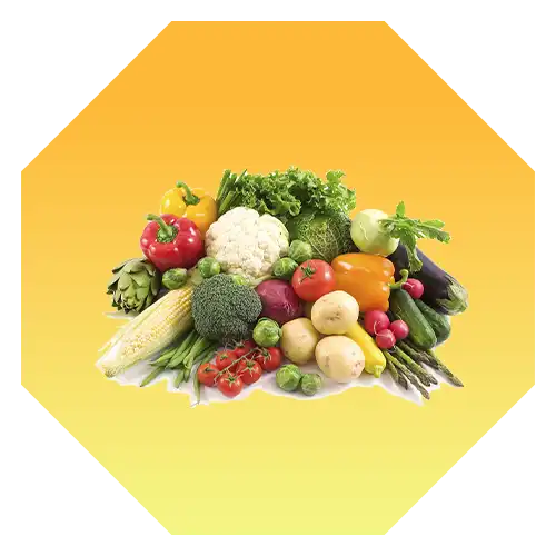 A variety of fresh vegetables including tomatoes, broccoli, peppers, and cauliflower on a yellow background.